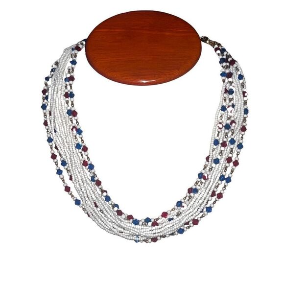 Vintage Hob’e Multistrand Red White Blue Beaded Choker Necklace